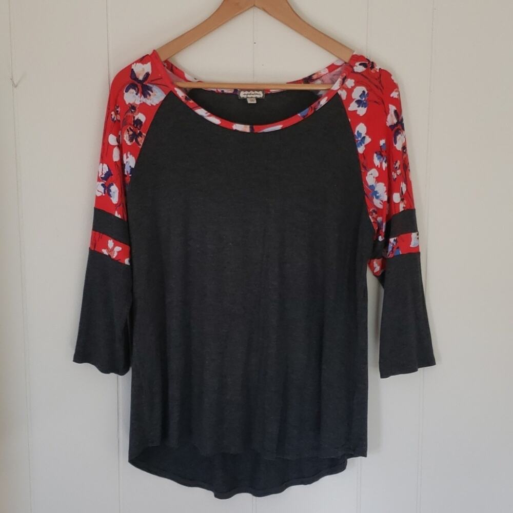 Eyeshadow Baseball T-Shirt Womens Sz XL Grey Floral Blue Red 4th of July Casual